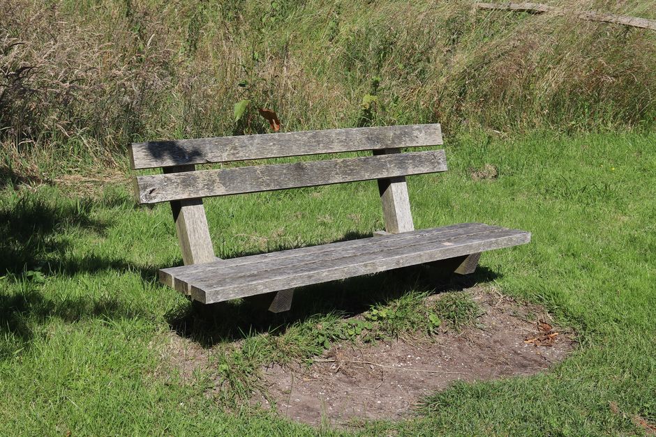 Oude houten tafel met herfstdecoratie en bladeren.
